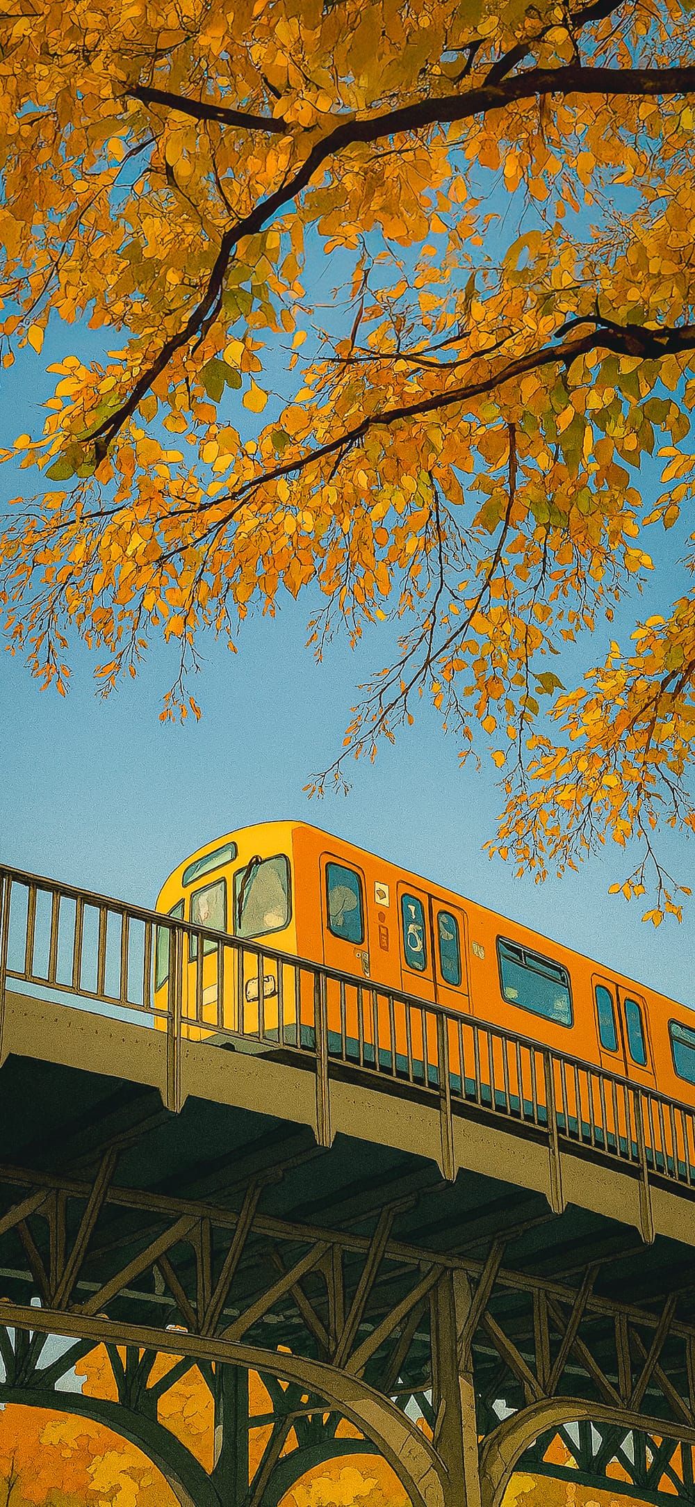 Yellow train crossing a steel bridge surrounded by autumn trees and clear sky, designed as a fall-themed Phone Wallpaper.