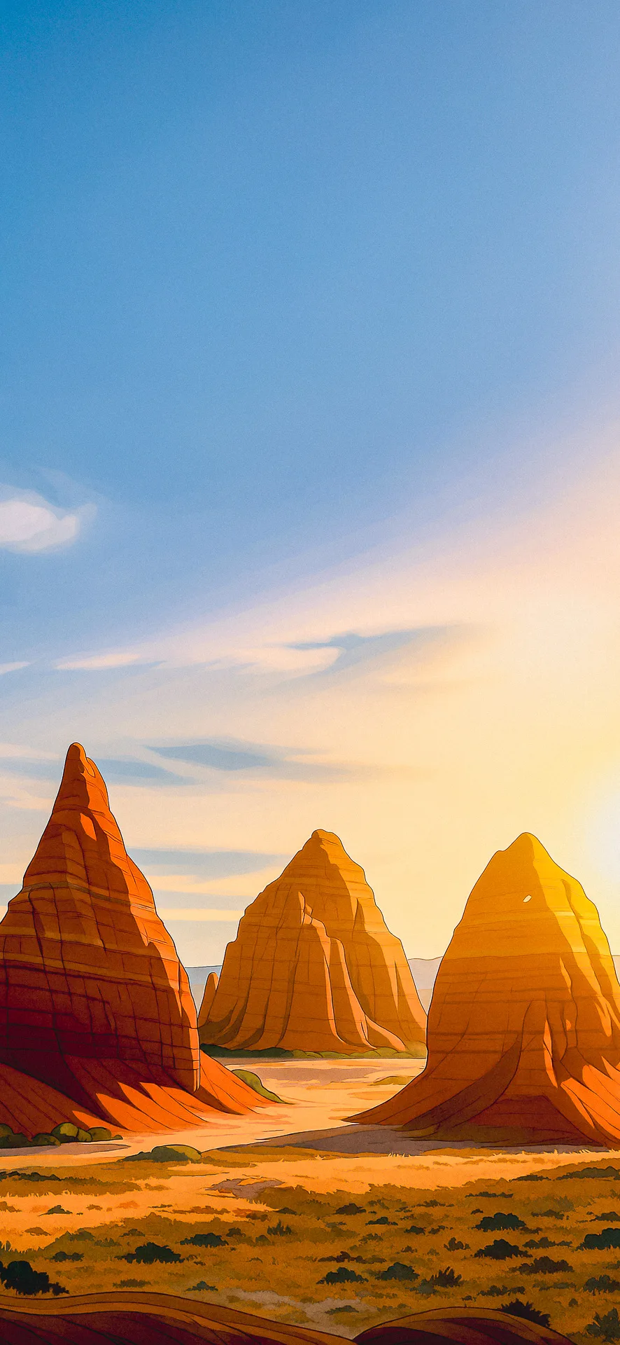 Towering desert hoodoo rock formations glowing at sunrise with a lone figure walking below, ideal for adventurous Phone Wallpaper.