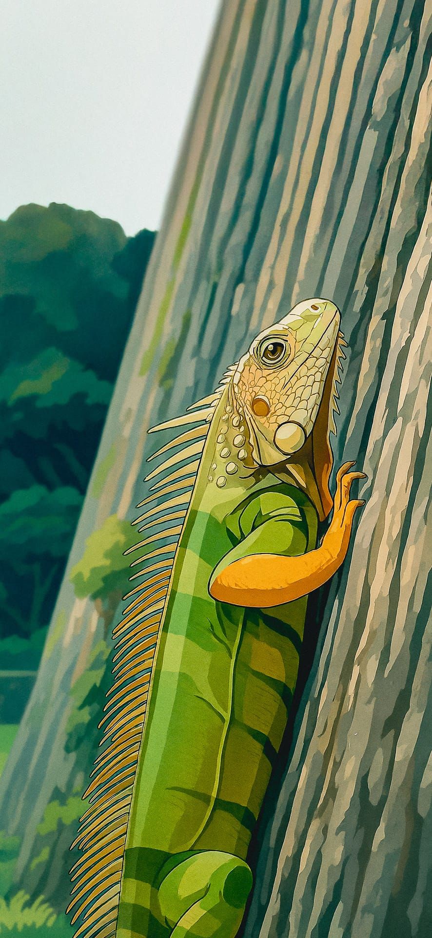 Close-up of a green iguana climbing a tree trunk, showcasing detailed scales and spines, ideal for Phone Wallpaper.