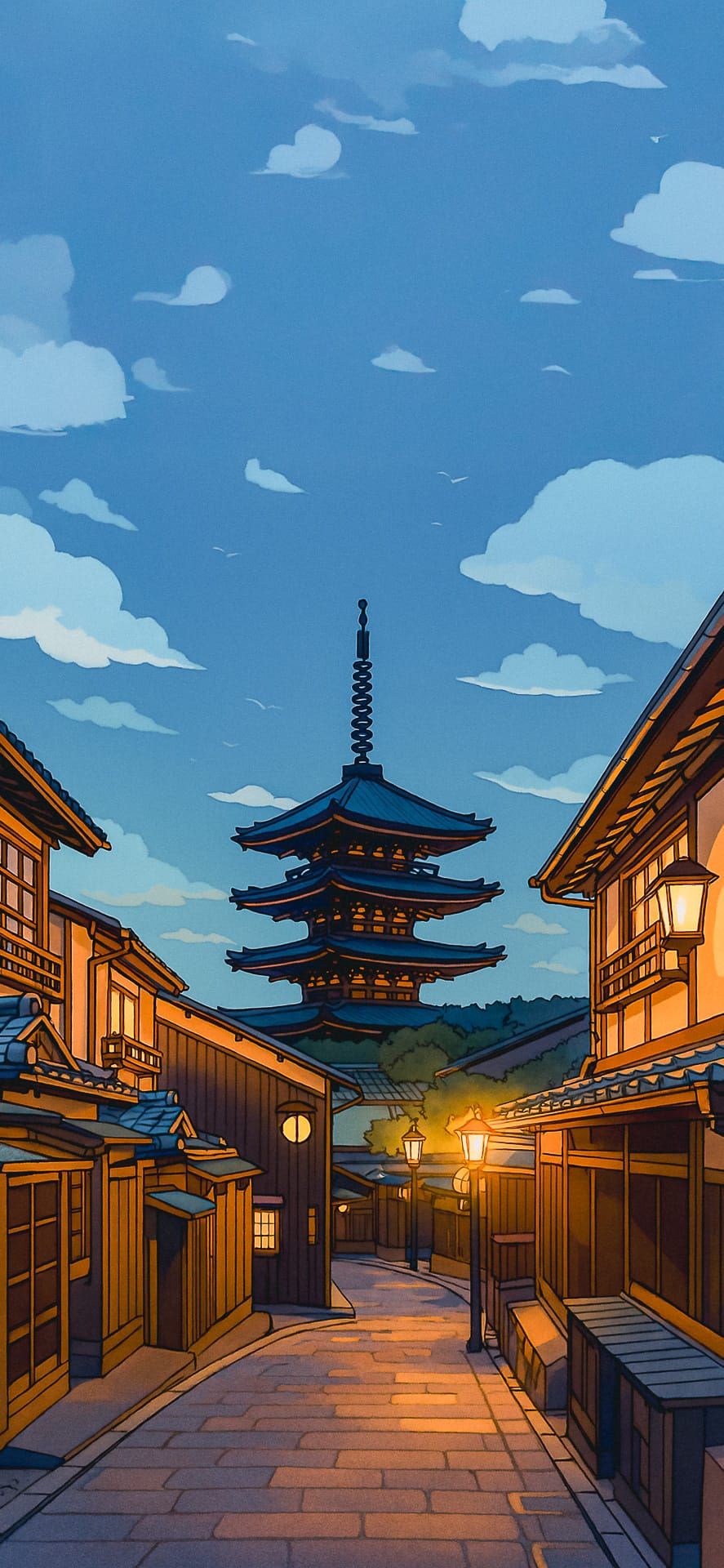 Evening view of Yasaka Pagoda with traditional Kyoto street buildings, ideal for Japanese travel-themed Phone Wallpaper.