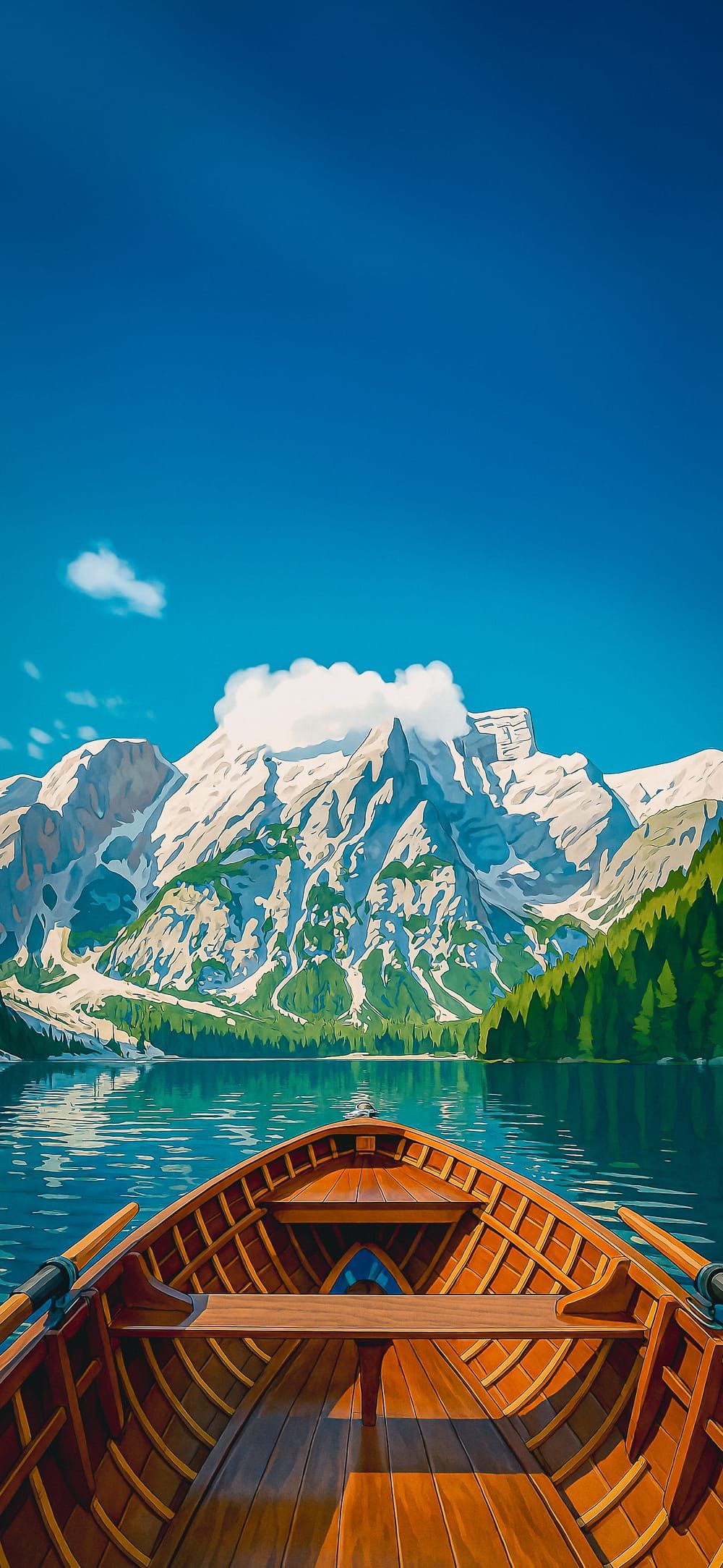 Wooden rowboat on a still alpine lake surrounded by snow-capped mountains under a clear blue sky, perfect as a nature-inspired Phone Wallpaper.