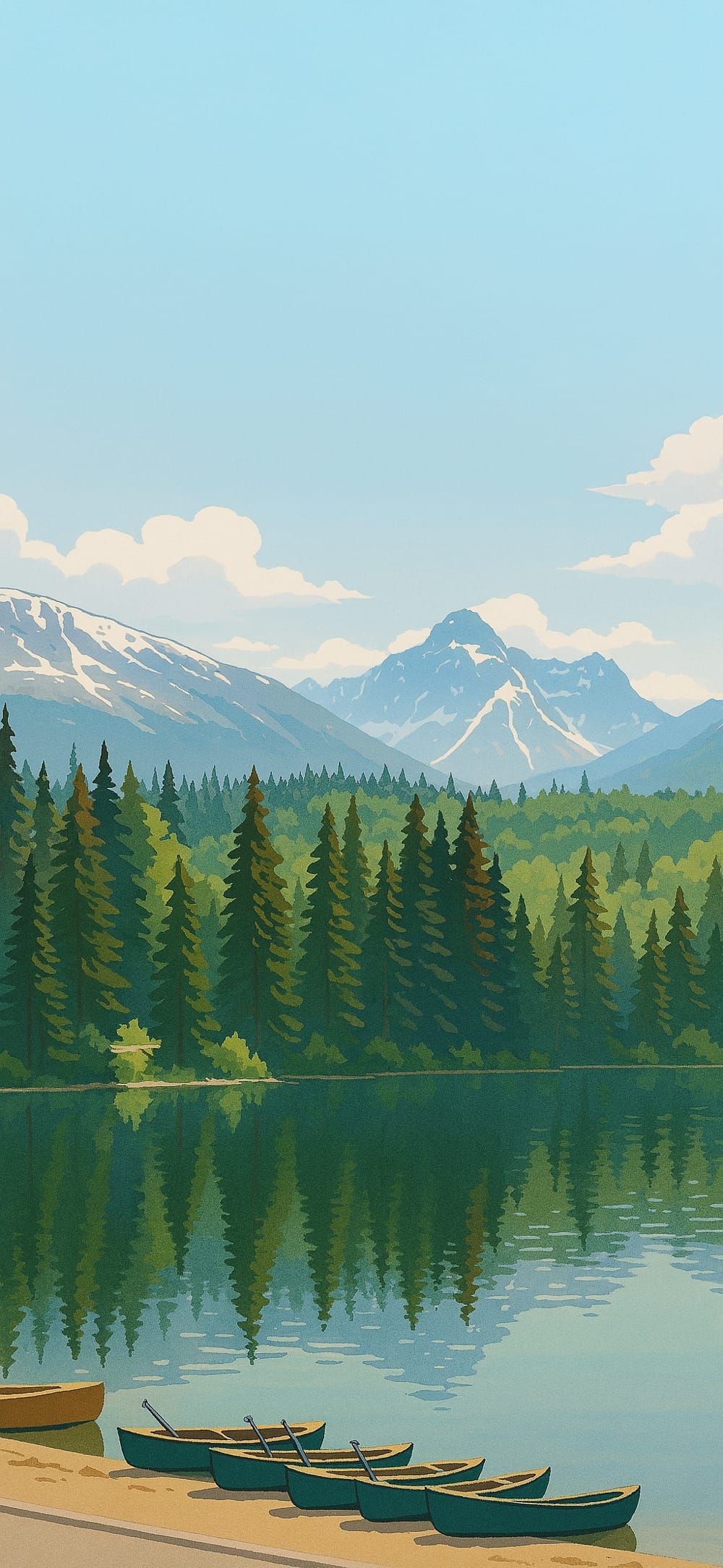 Canoes on a mountain lake shore with pine forest and snow-covered peaks in the background, perfect for a nature-themed Phone Wallpaper.