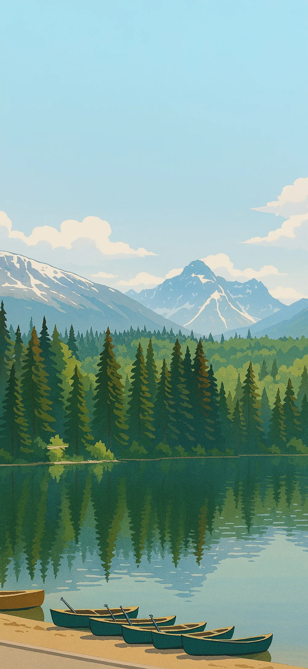 Canoes on a mountain lake shore with pine forest and snow-covered peaks in the background, perfect for a nature-themed Phone Wallpaper.
