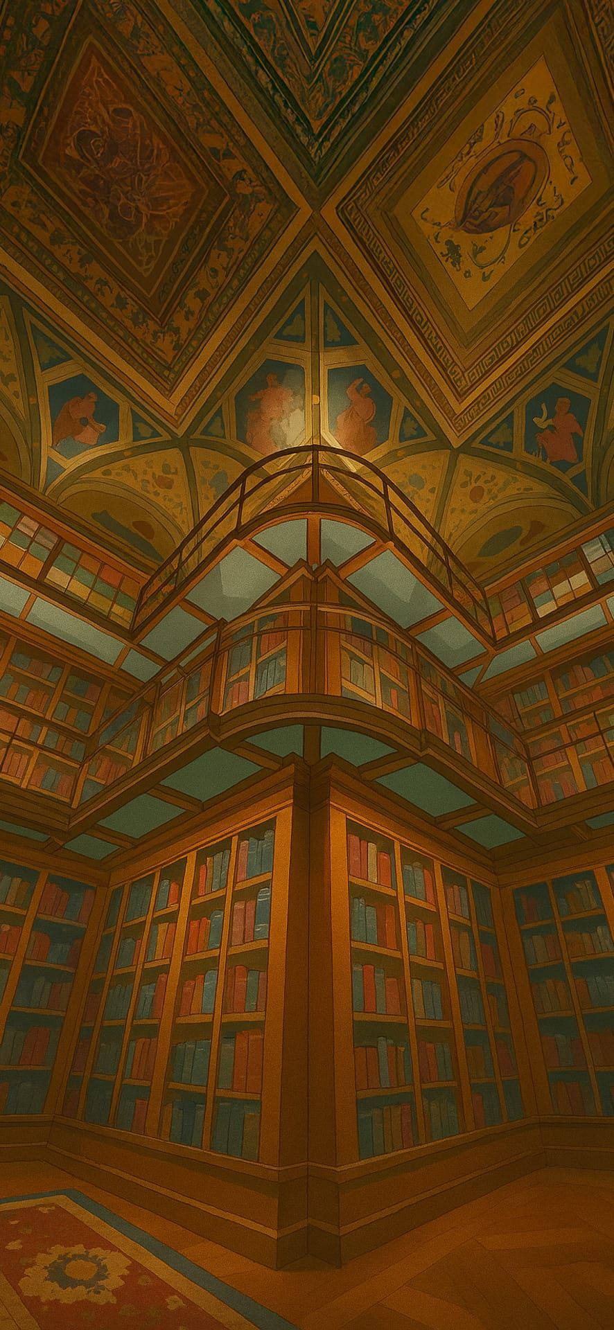 Interior view of an ornate historic library with intricate ceiling art, wooden bookcases, and antique books, designed as a classic-themed Phone Wallpaper.