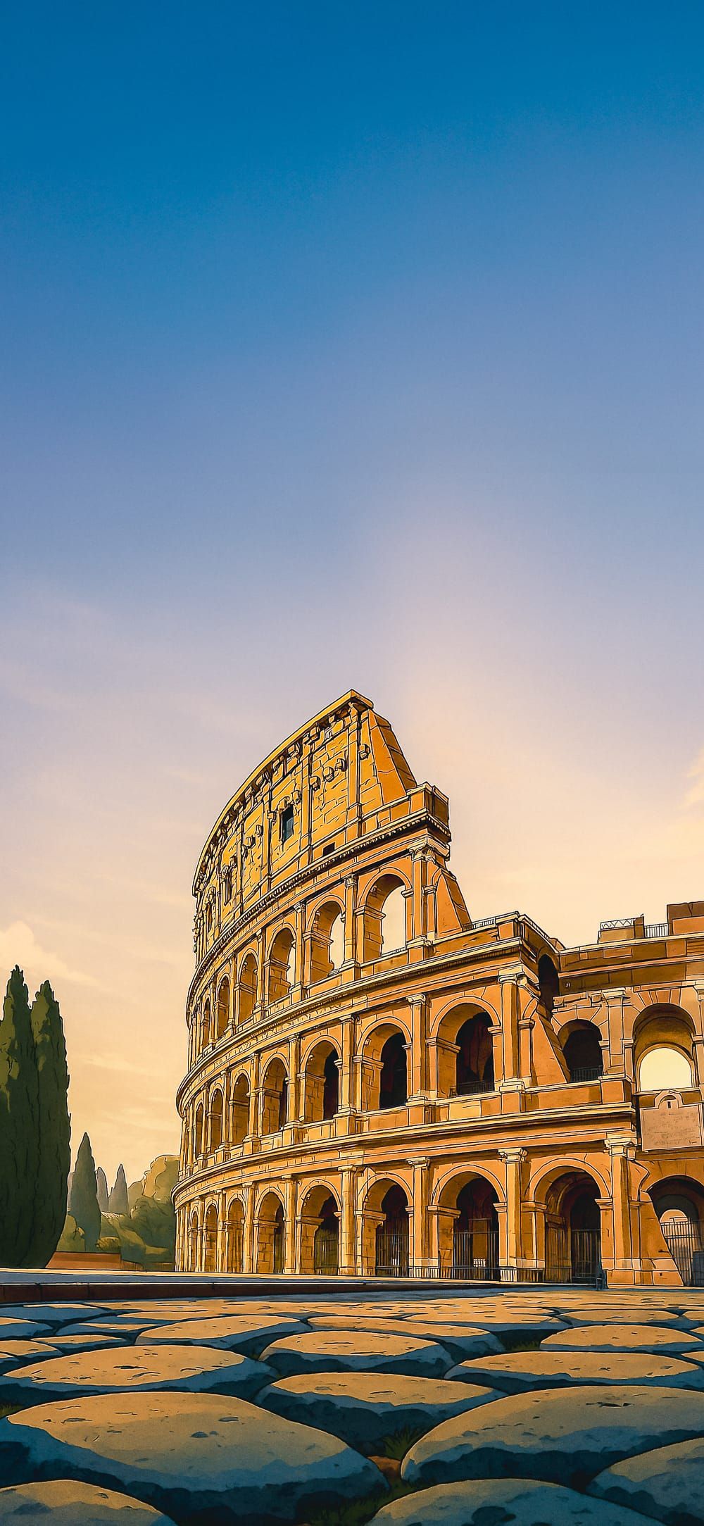 Illustrated Roman Colosseum at sunset with golden light and cobblestone foreground, ideal as a historical travel-themed Phone Wallpaper.