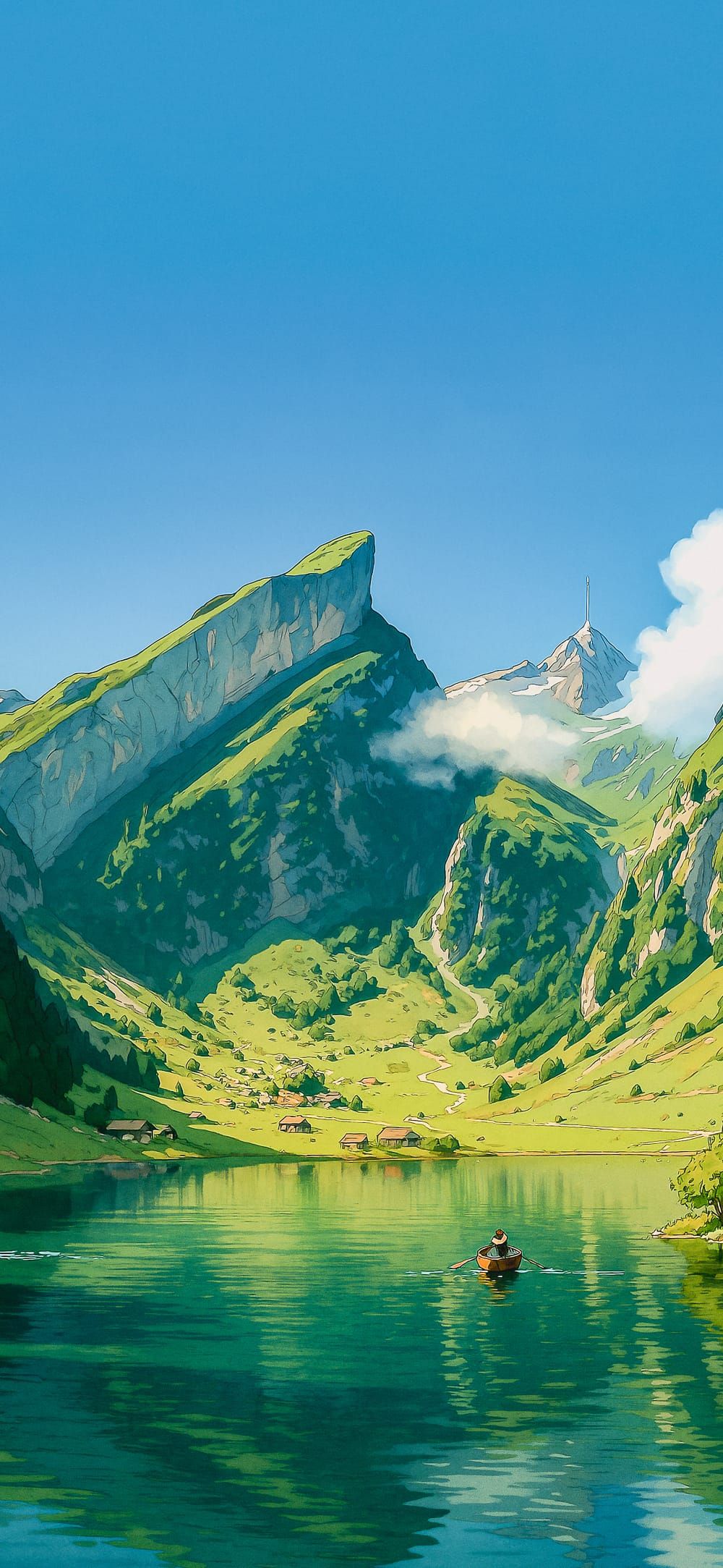 Rowboat on Seealpsee lake surrounded by Swiss Alps in Schwende-Rüte, Switzerland, ideal for tranquil Phone Wallpaper.
